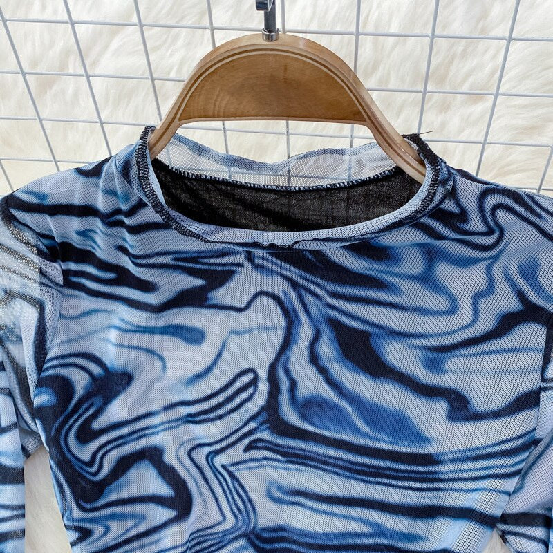 Spring Fashion Striped Print Bodycon Mini Dress Women Fashion Streetwear Casual O-neck Long Sleeve Slim Mesh Club Dresses