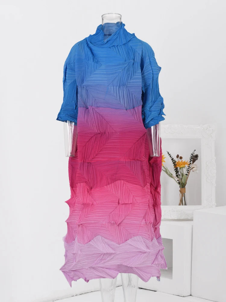 Pleated Gradient Long Dress Women Fashion Turtleneck Contrast Color Loose Dresses Casual