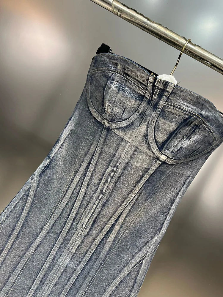 Denim Slimming Dresses For Women Strapless Sleeveless High Waist Spliced Striped Casual Dress Female Fashion New