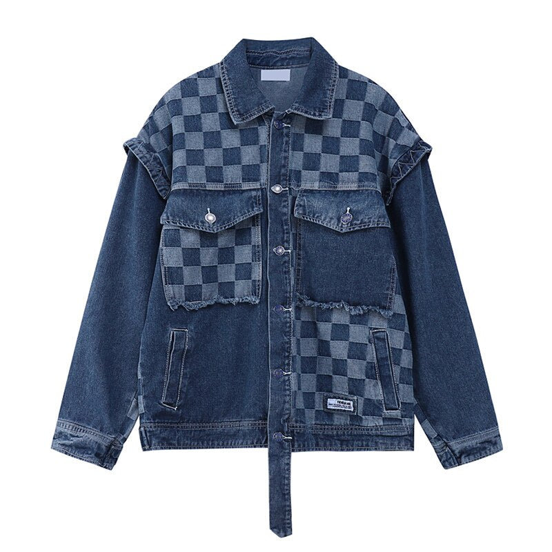 Women's Plaid Patchwork Jean Jacket Vintage BF Style Y2K Harajuku Single Breasted Fashion Casual Streetwear Hip Hop Denim Coats
