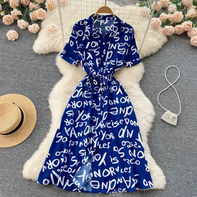 Summer Dress Women Single Breasted Lapel Short Sleeve High Waist Midi Long Dress Letter Print Fashion Casual Dresses Female