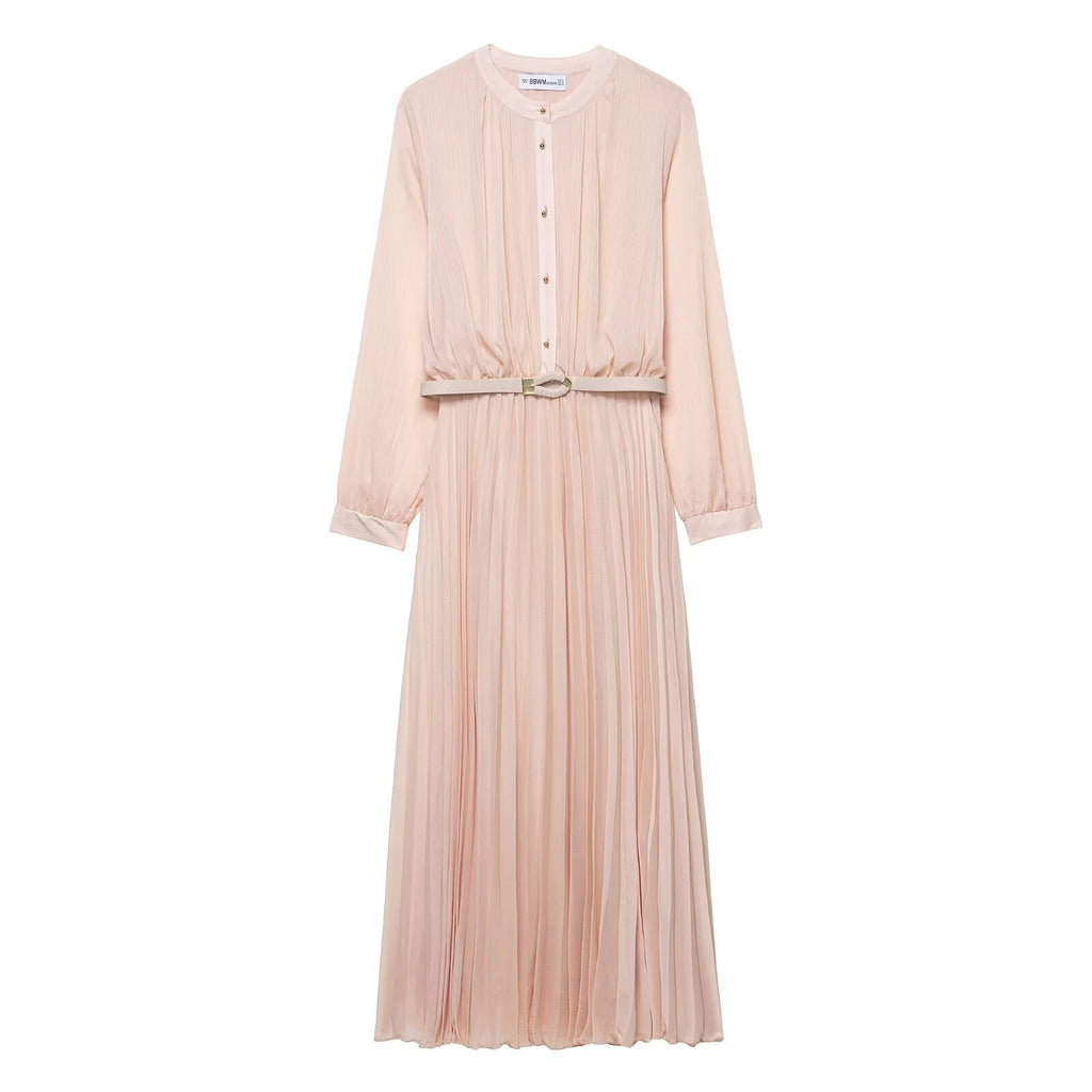Women's Fashion Casual Waist Belt Pleated Midi Dress