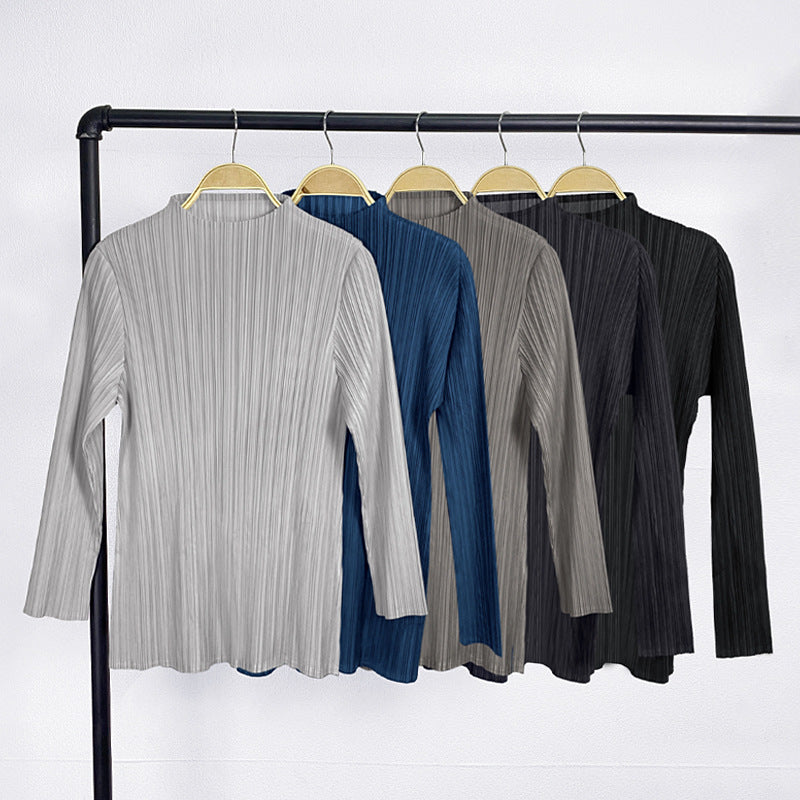 Simple classic style pleated women's long-sleeved tops women's spring stand-up collar long-sleeved tops T-shirt