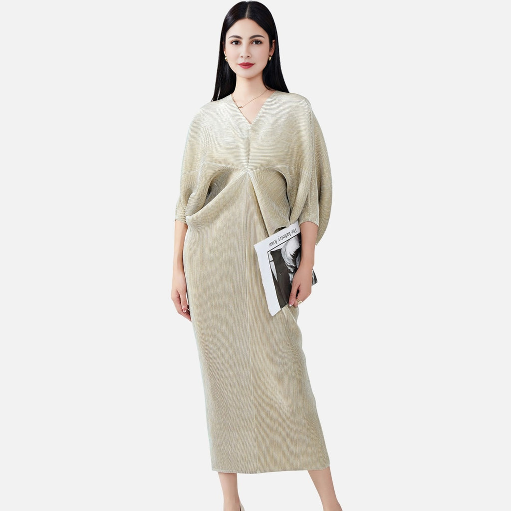Pleated Solid Casual Women Dress Korea Summer New Arrival Personality Fashion Loose V-neck Short Sleeve Dress