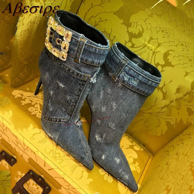 New Rhinestone Denim Buckle Booties Sexy Pointed Toe Stiletto High Heels Fashion Casual Versatile Blue Sleeve French Bare Boots