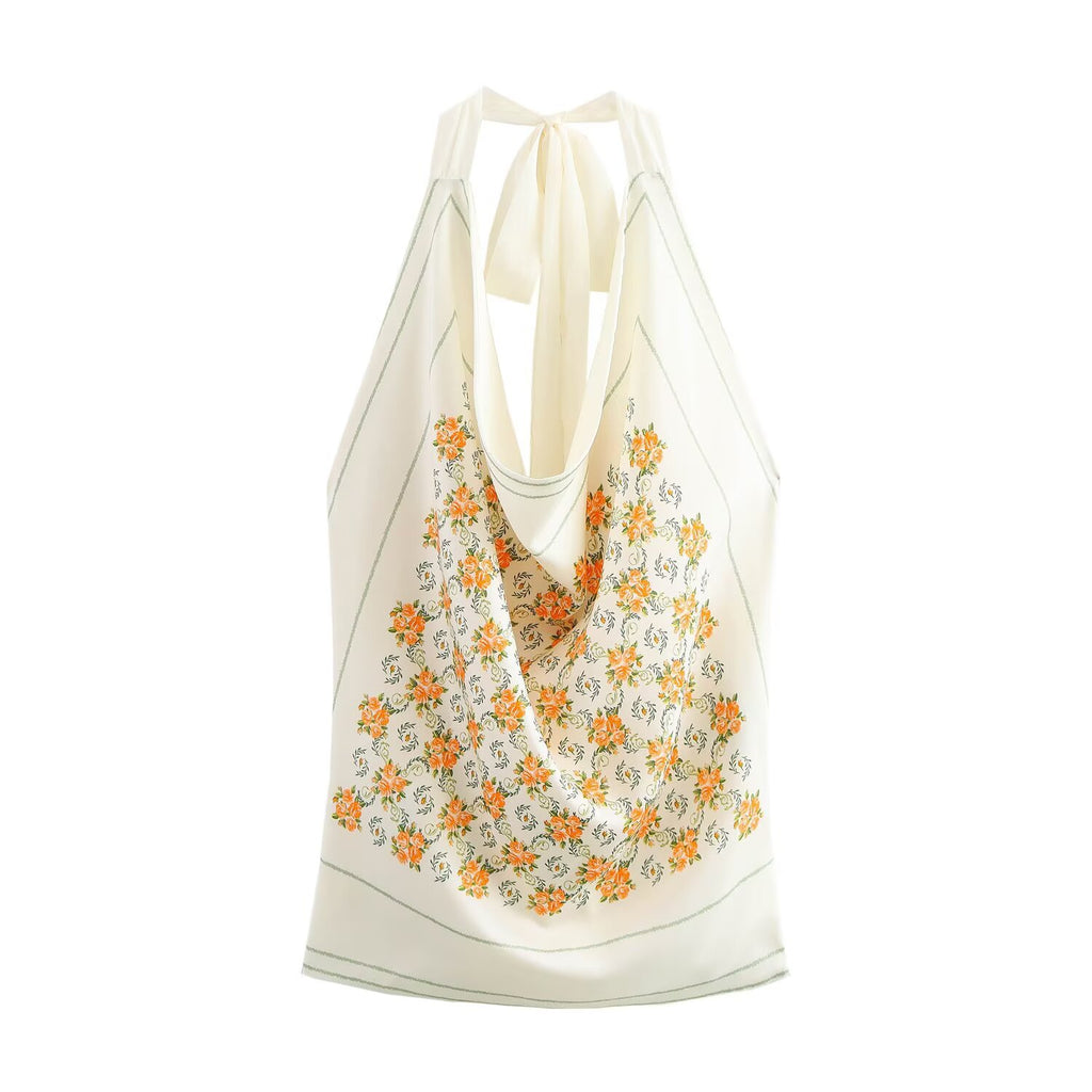 Fashion silk texture printed bow decoration top