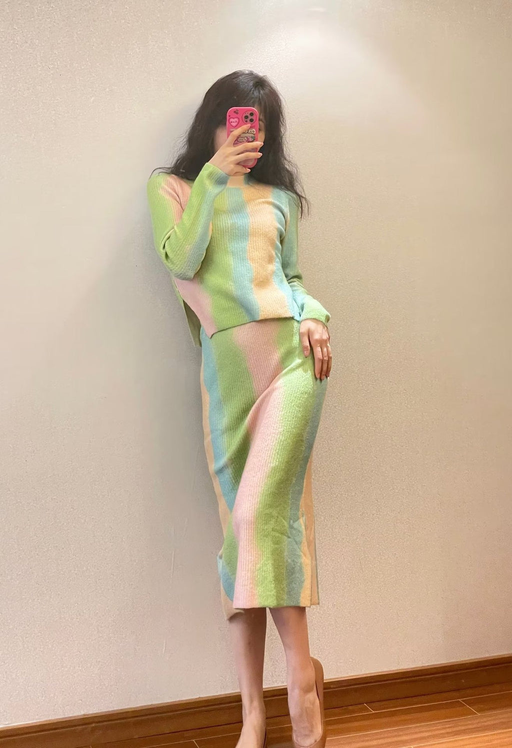 Women Fashion Rainbow Striped Knitting Straight Skirt
