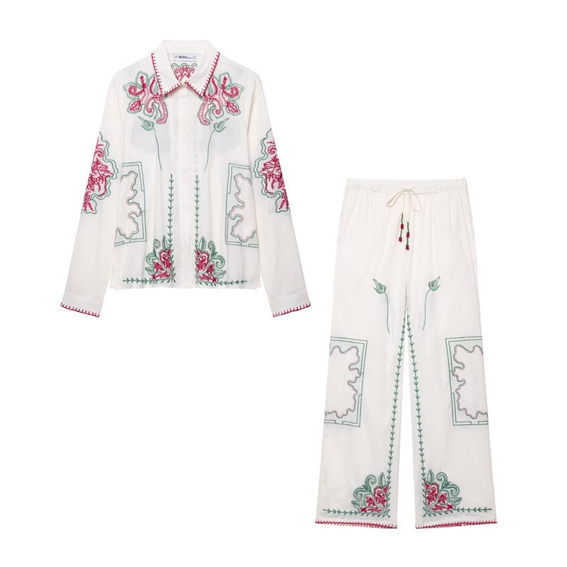 Style Women's Fashion Casual Embroidered Shirt with Belted Pants
