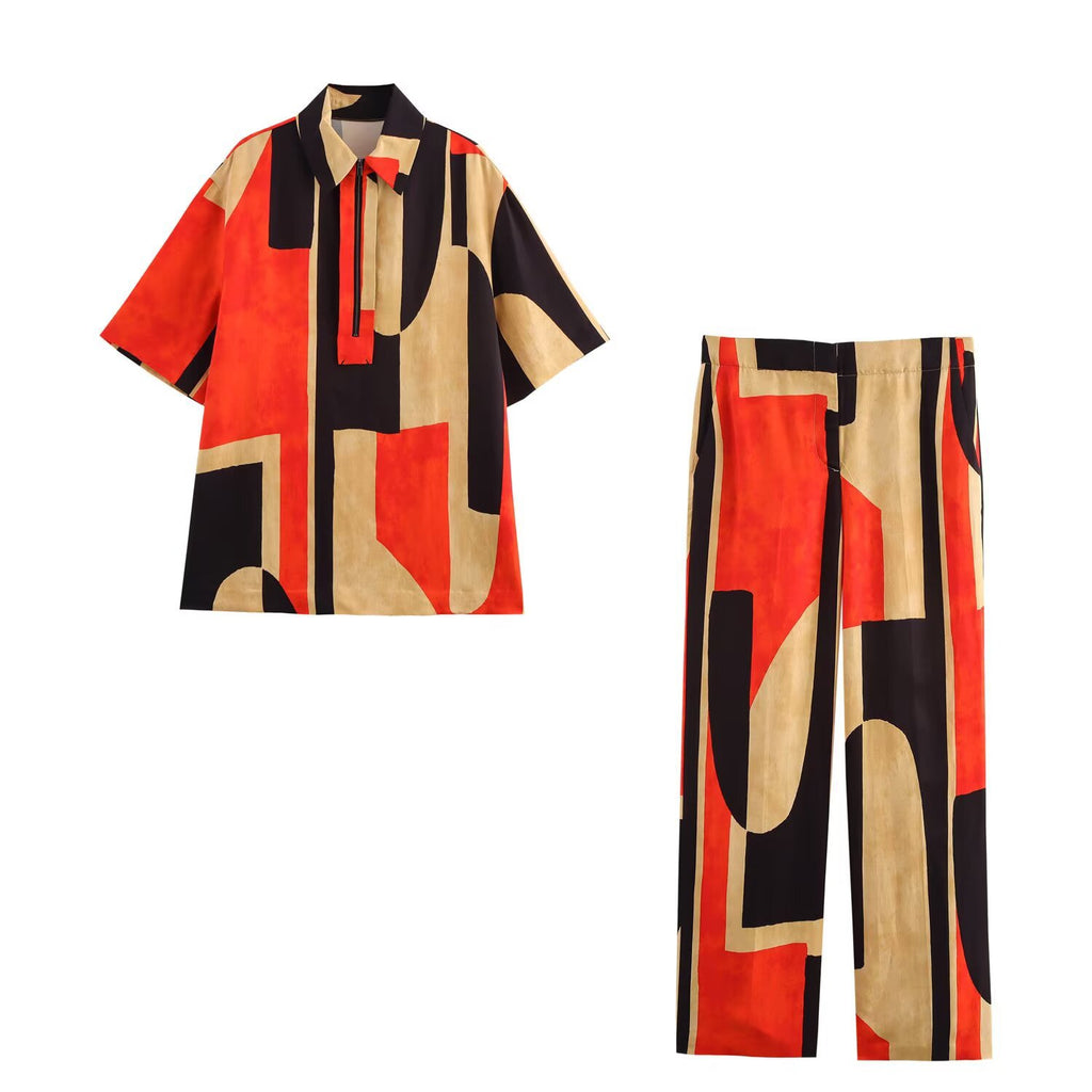 Fashion casual printed shirt+wide leg pants set