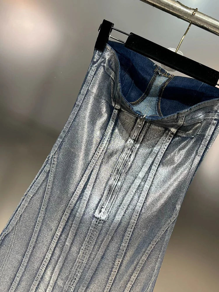 Denim Slimming Dresses For Women Strapless Sleeveless High Waist Spliced Striped Casual Dress Female Fashion New