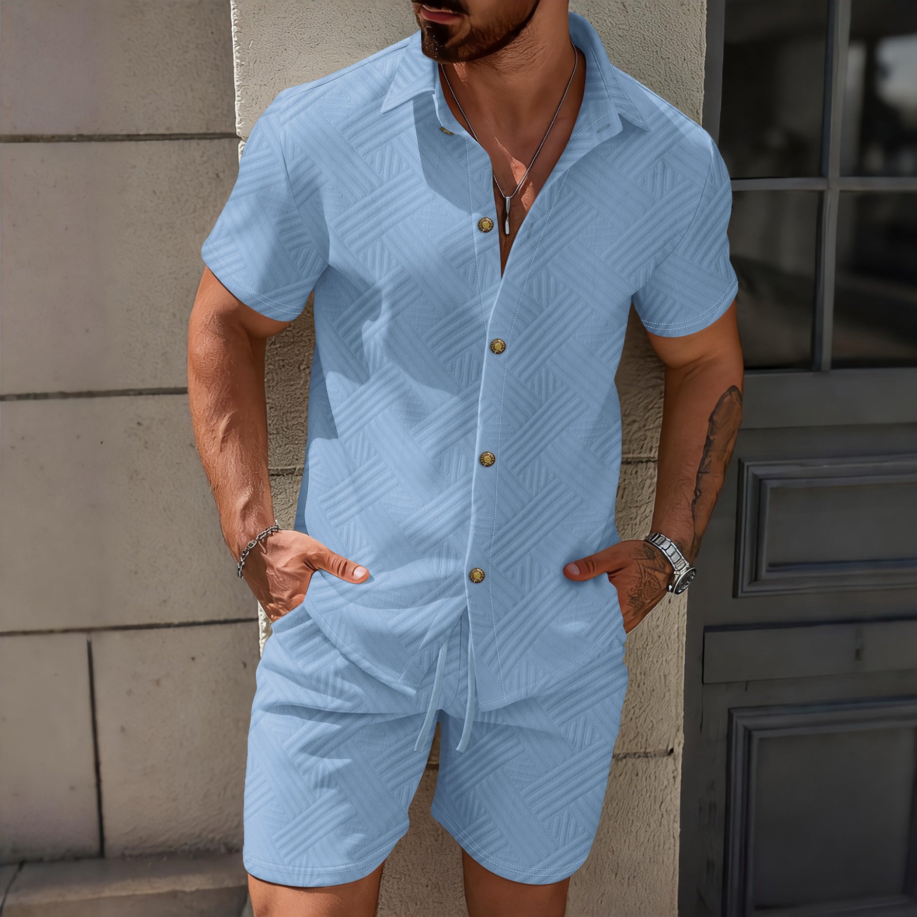 Men's spring solid-color jacquard lapel cardigan, short-sleeved shirt, shorts and two casual pieces