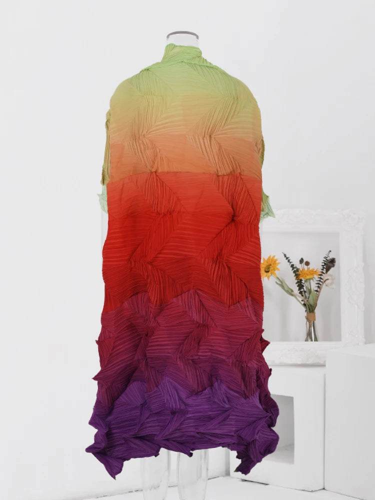 Pleated Gradient Long Dress Women Fashion Turtleneck Contrast Color Loose Dresses Casual