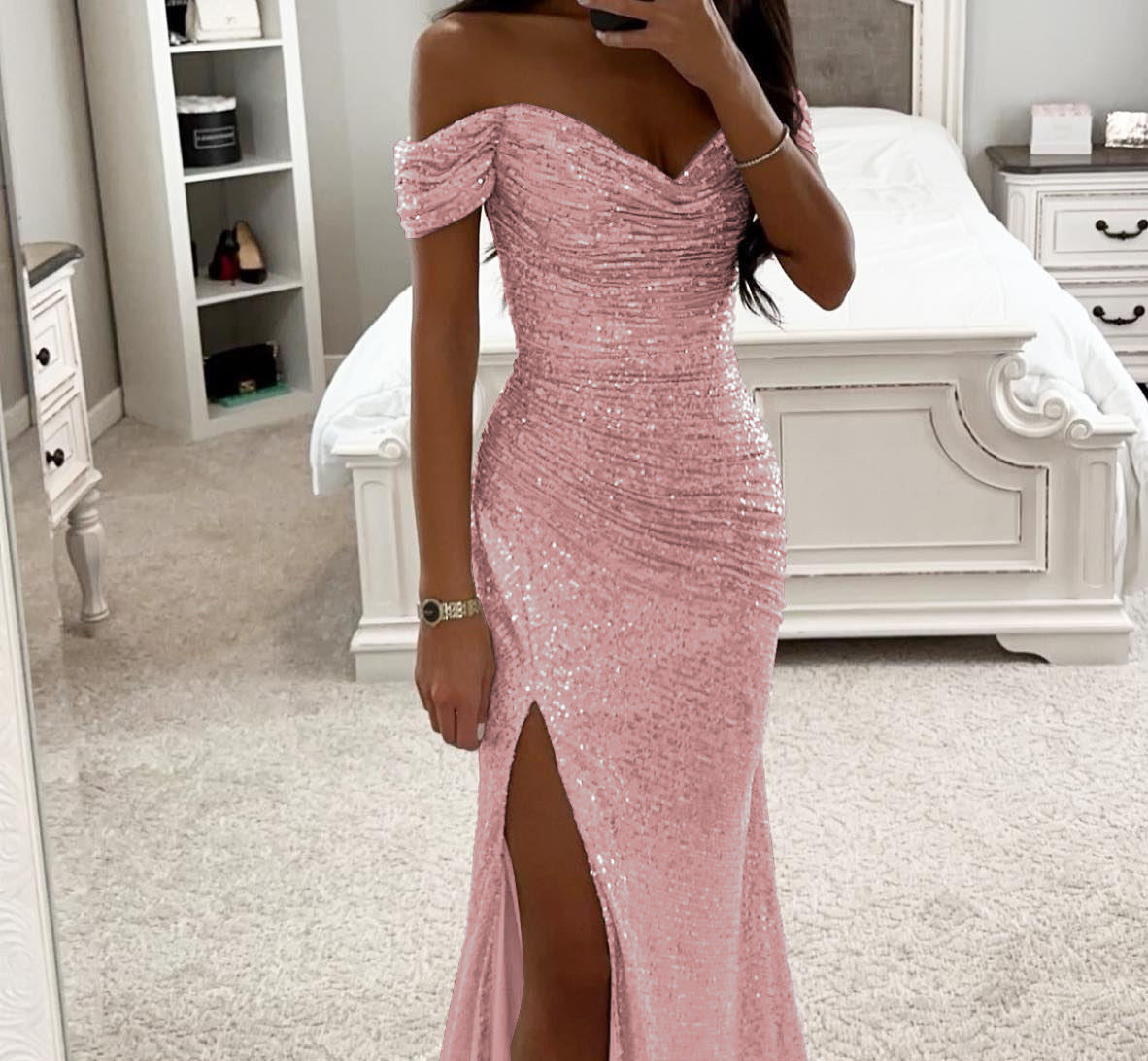 Party Sequin One-Shoulder Slit Dress INS Casual Fashion Dress for Women