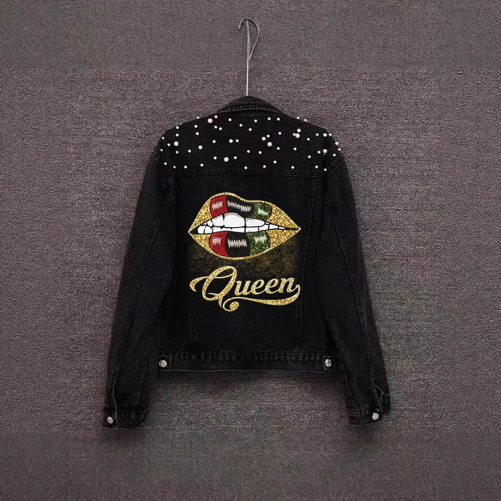 Printed Heavy Beaded Pearl Denim Jacket for Women, Slim Fit Casual Fashion Coat