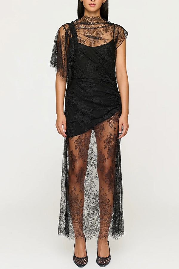 Elegant Lace Spliced Stretch Dress for Women  Casual Fashion Party Dress with Elastic Design