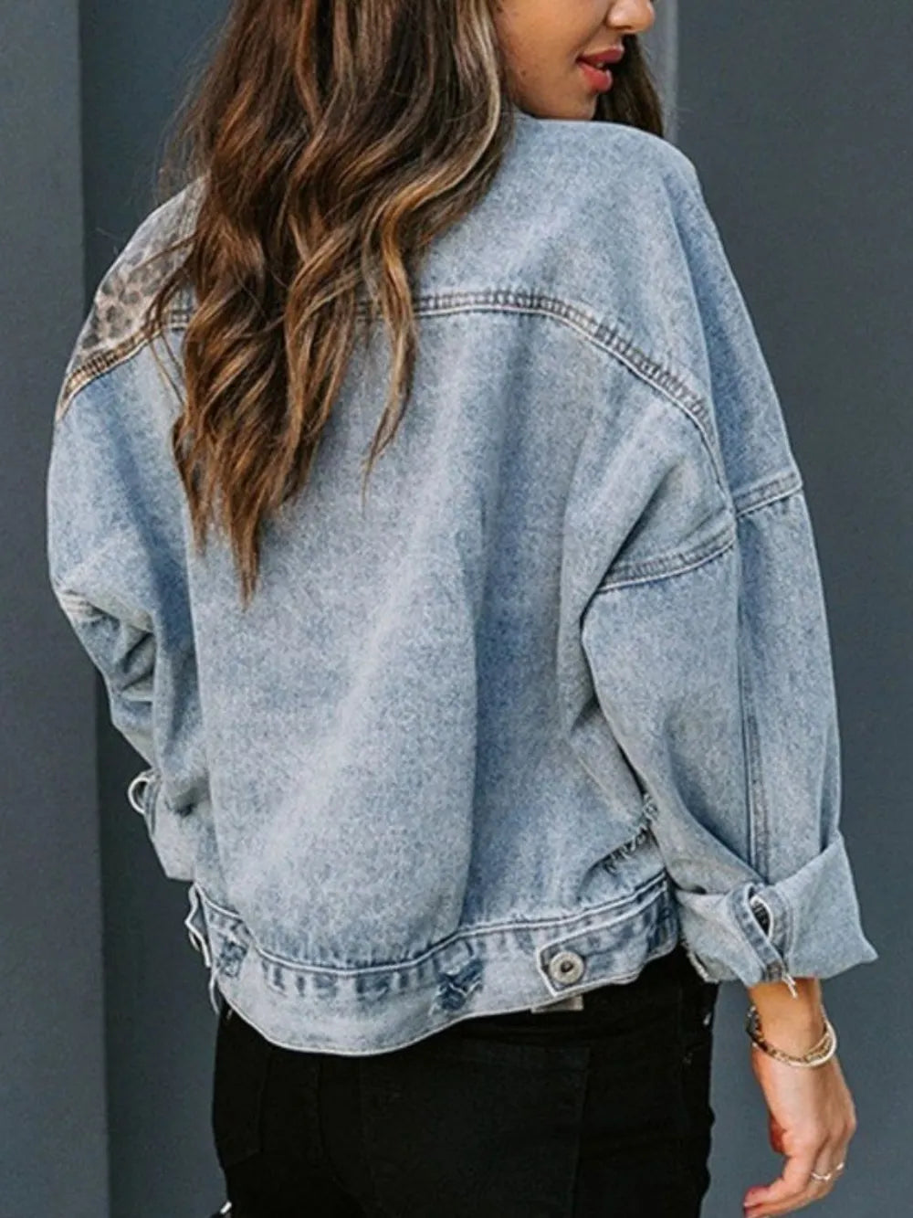 Leopard print fashion print patchwork ripped denim top casual jacket