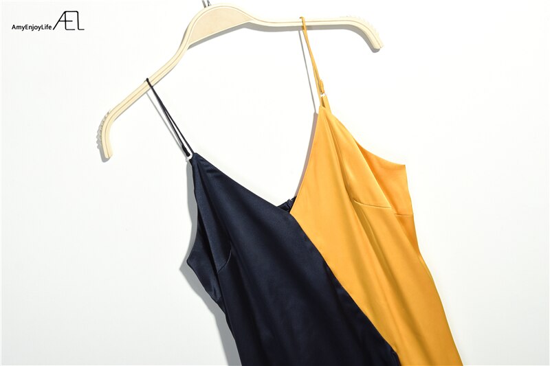 Fashion Satin Splicing Women Spaghetti Strap Dress Robe Femme Sexy Casual Clothing