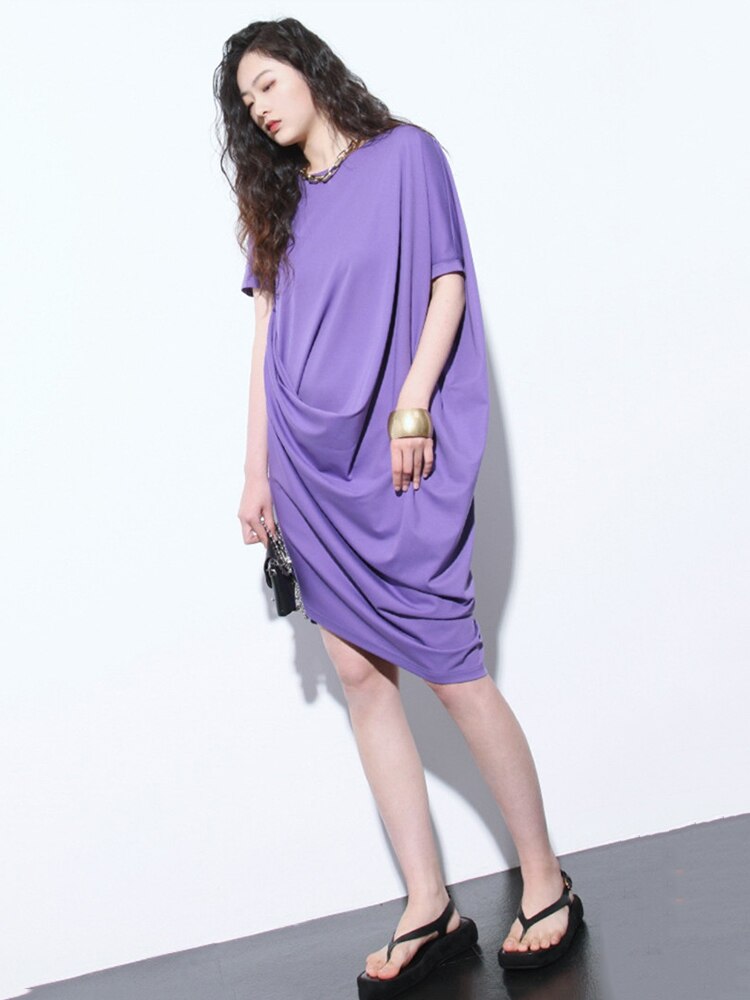 Irregular Casual Dress Fashion Hollow Out Folds Temperament Goddess Fan Women Summer New Arrival Loose Dress