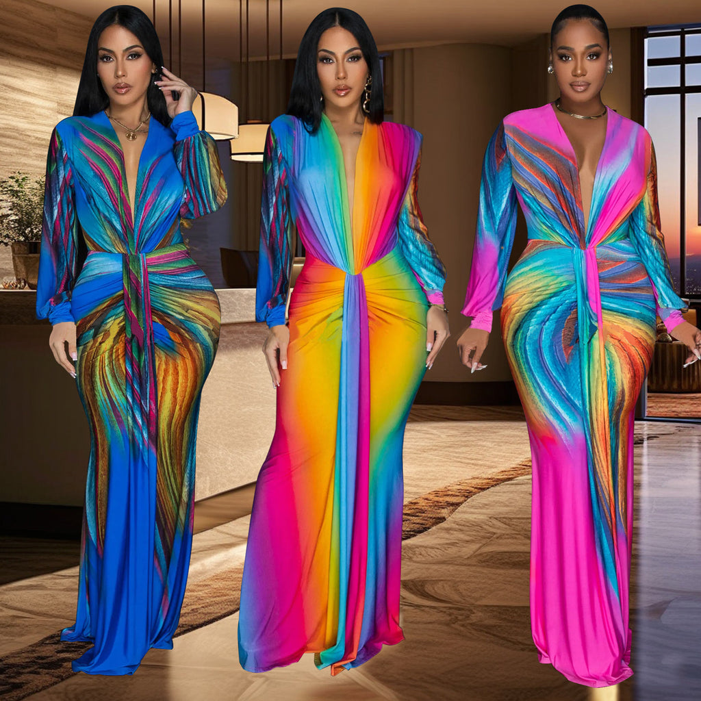 Fashion Women's Pleated Color-block Casual Dress Long