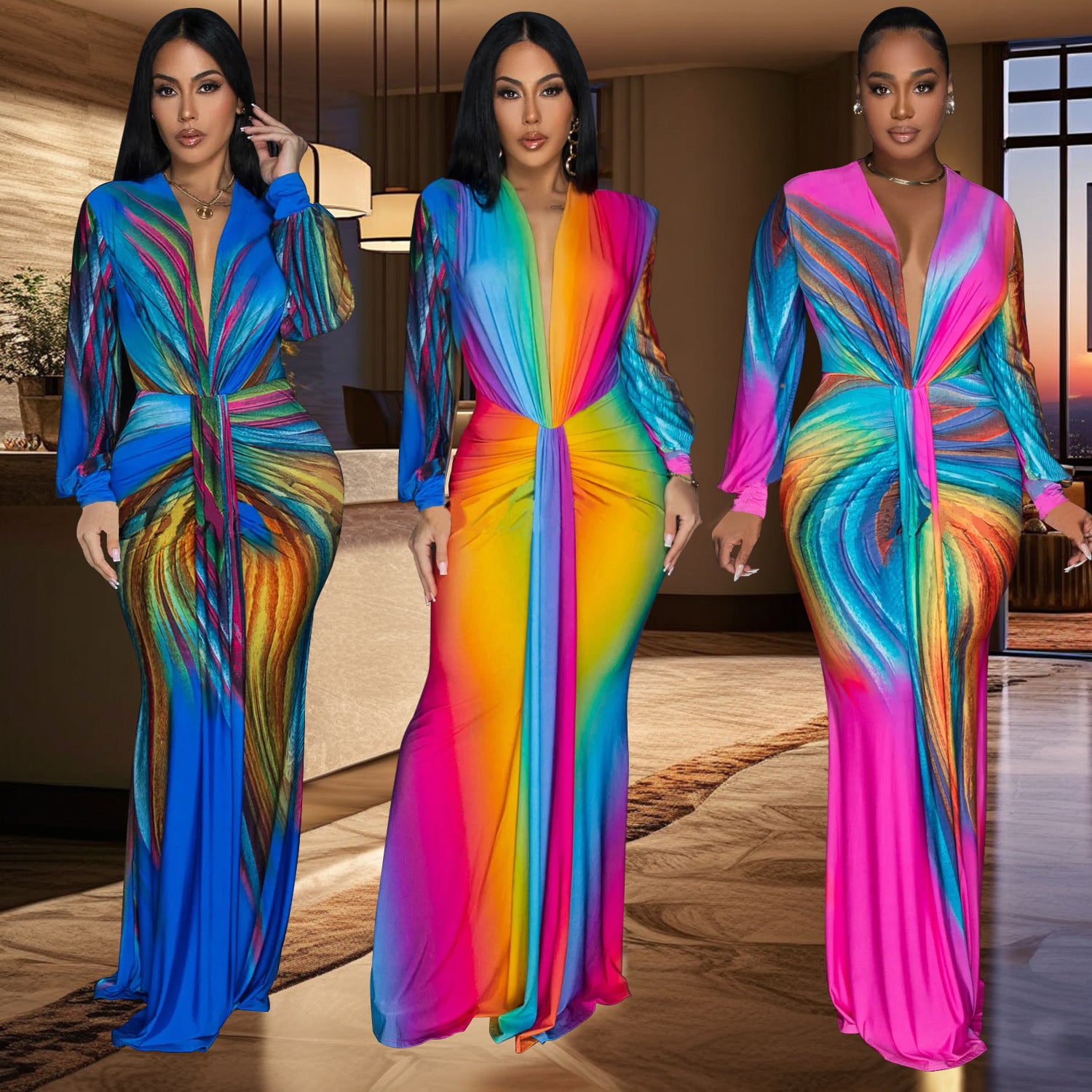 Fashion Women's Pleated Color-block Casual Dress Long