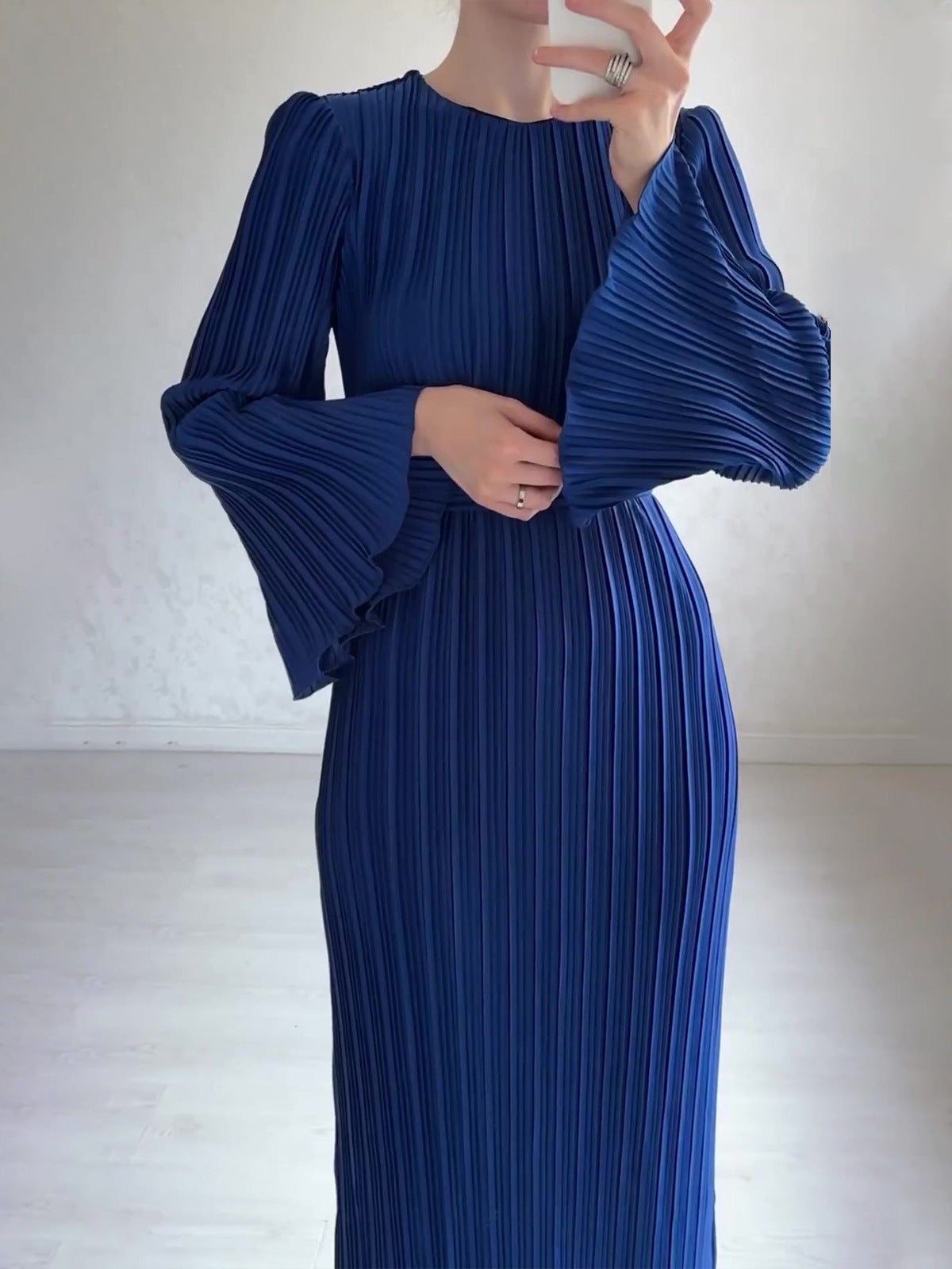Fashion Blue O-Neck Dresses For Women Elegant Long Sleeve Lace-Up Straight Dresses Casual Solid Midi Dress Streetwear
