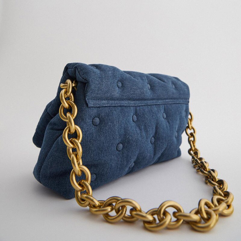 Dark Blue Denim Thick Metal Chain Shoulder Bag Women Winter Retro Large Capacity Buttons Soft Square Handbag Fashion Casual