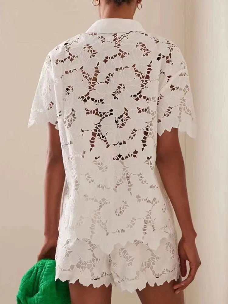 Lace embroidered lapel shirt top casual shorts fashion