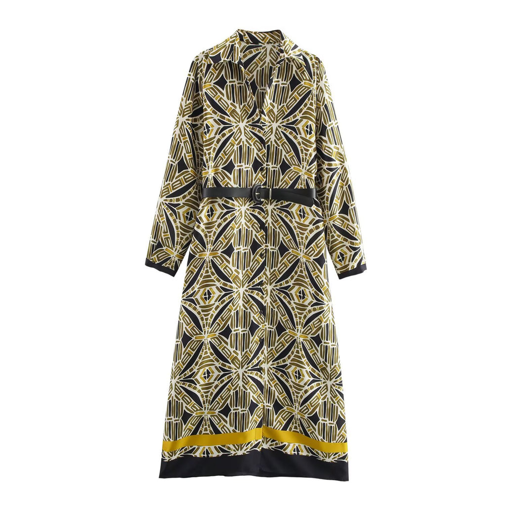 New Fashion Belt Printed Midi Dress