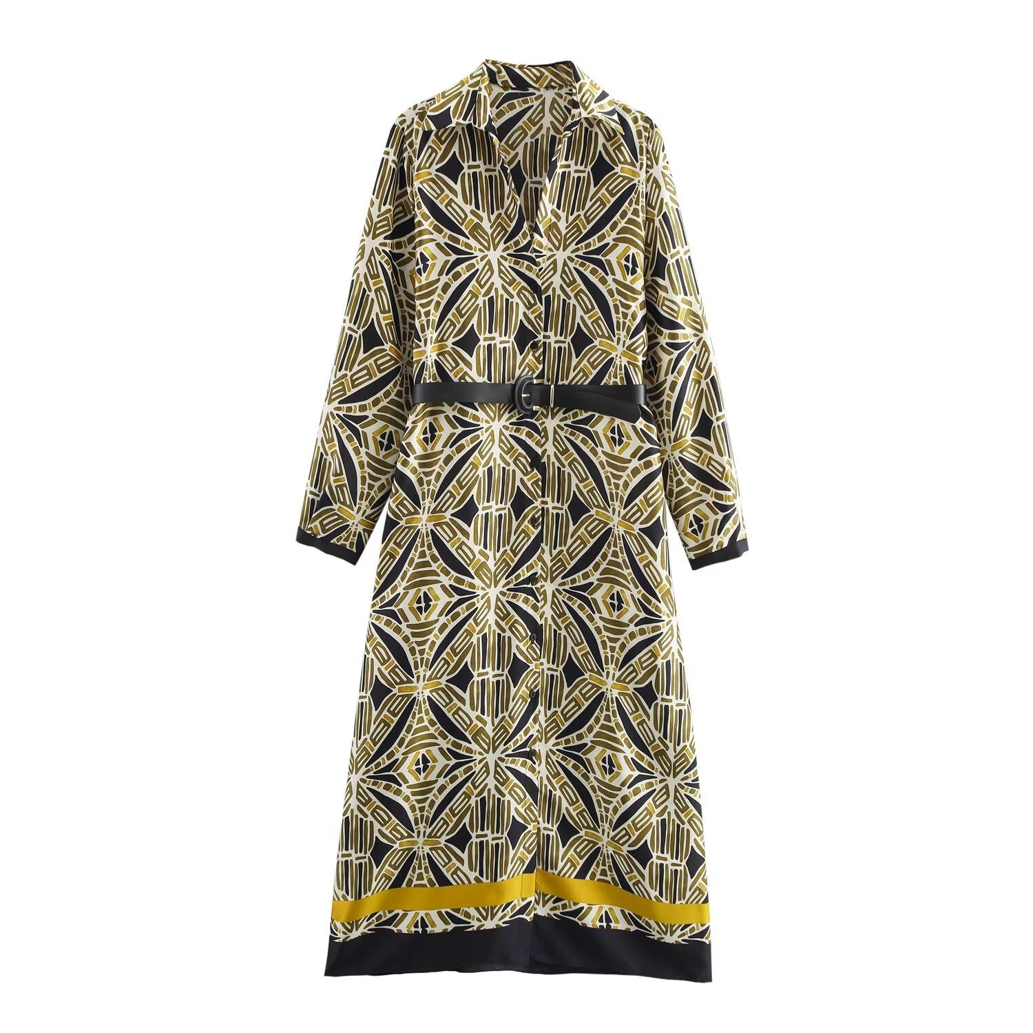 New Fashion Belt Printed Midi Dress