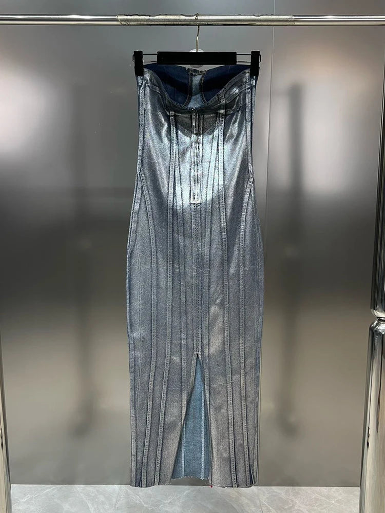 Denim Slimming Dresses For Women Strapless Sleeveless High Waist Spliced Striped Casual Dress Female Fashion New
