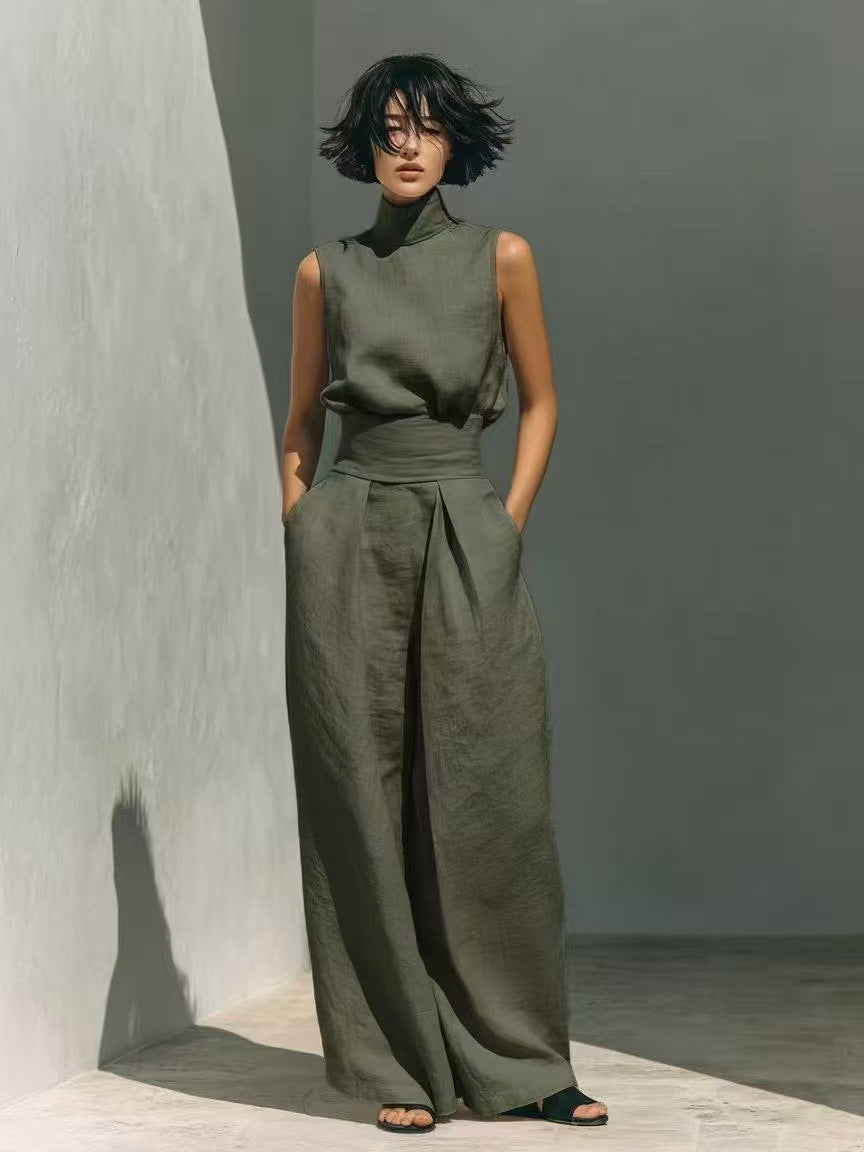 Spring 2026 solid-color elegant women's blended sleeveless top and wide-leg
