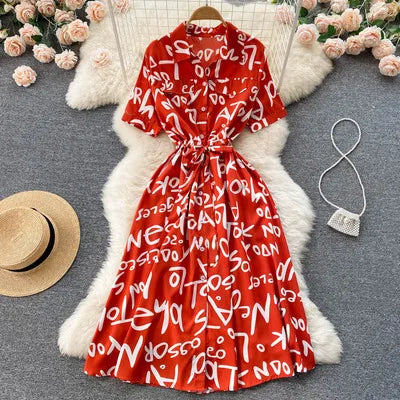 Summer Dress Women Single Breasted Lapel Short Sleeve High Waist Midi Long Dress Letter Print Fashion Casual Dresses Female