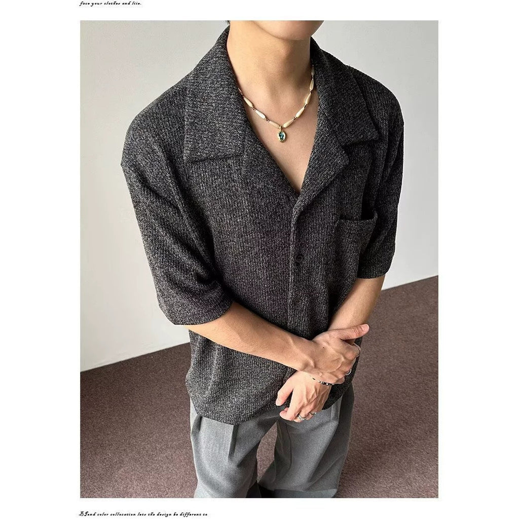 Classic Cuban Collar Textured Shirt Short Sleeve Men Top