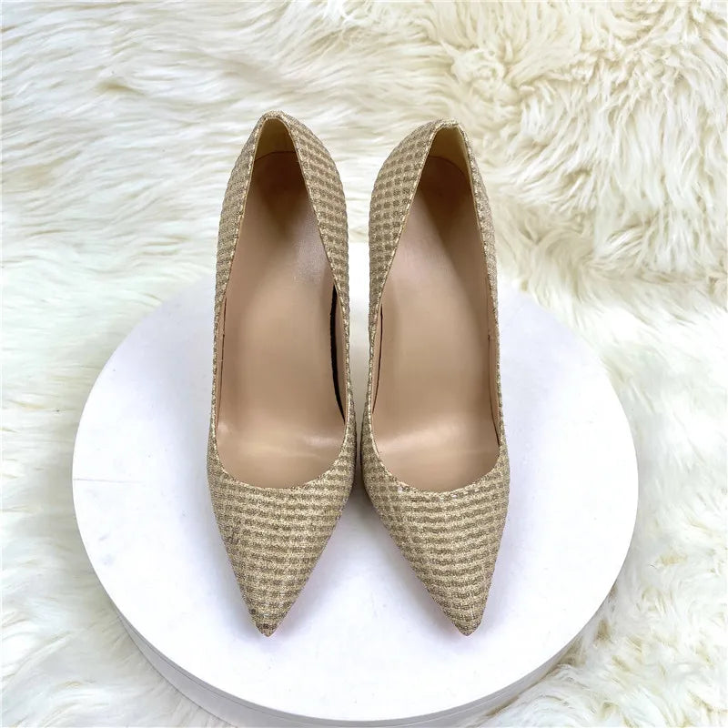 Plaid Glitter Gold Sequined Women Pointy Toe High Heels Classic Wedding Party Shoes Shiny Bling Slip On Stiletto Pumps