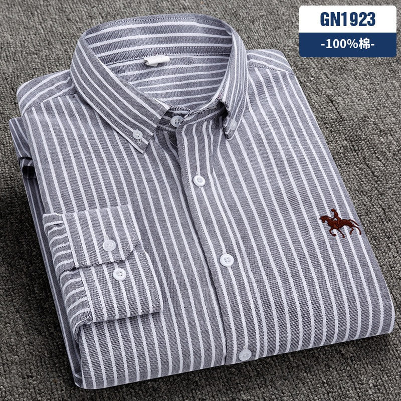 Pure cotton men's long-sleeved Oxford shirt for young and middle-aged men embroidered large size