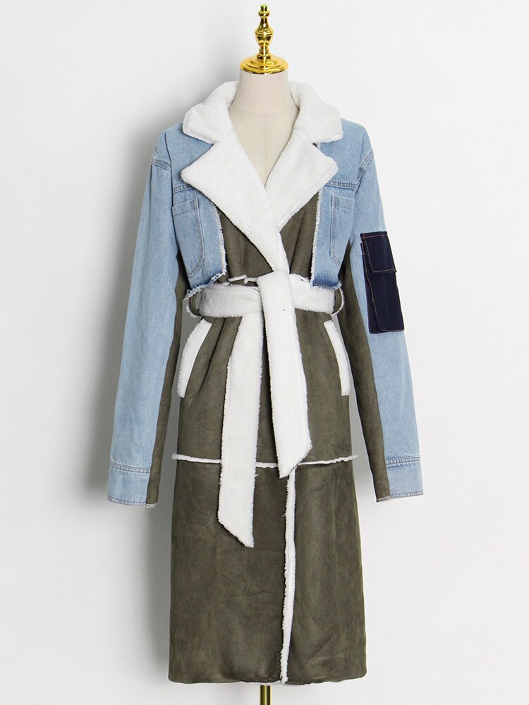 TWOTWINSTYLE Lace Up Patchwork Denim Lambswool Jacket For Women Lapel Long Sleeve Hit Color Casual Jackets Female Fashion Winter