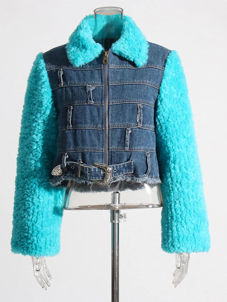 Casual Denim Coats For Women Lapel Long Sleeve Spliced Belt Colorblock Loose Coat Female Fashion style