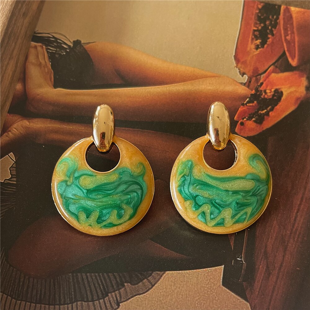 S925 Vintage Enamel Imitation Pearl Geometric Flower Irregular Drop Glaze Stud Earrings for Women Girls Party Travel Jewerly