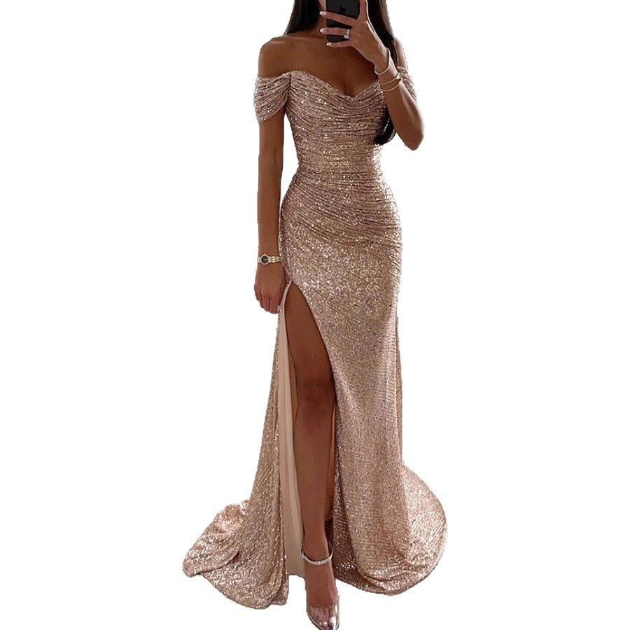 Shiny Sequin One-Shoulder Split Dress, Casual Fashion Dress for Women