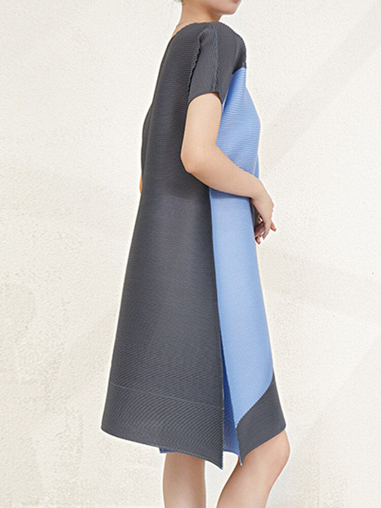 Pleated Dress For Women Fashion Printed Round Neck Short Sleeves Contrast Color A-line Dresses Casual