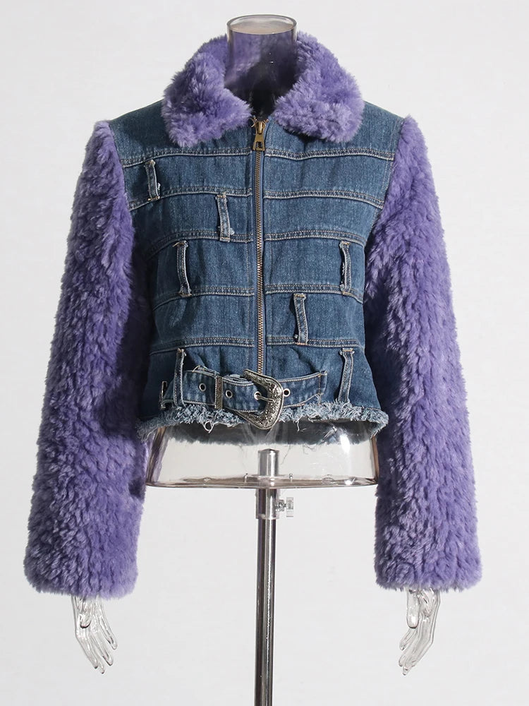 Casual Denim Coats For Women Lapel Long Sleeve Spliced Belt Colorblock Loose Coat Female Fashion style