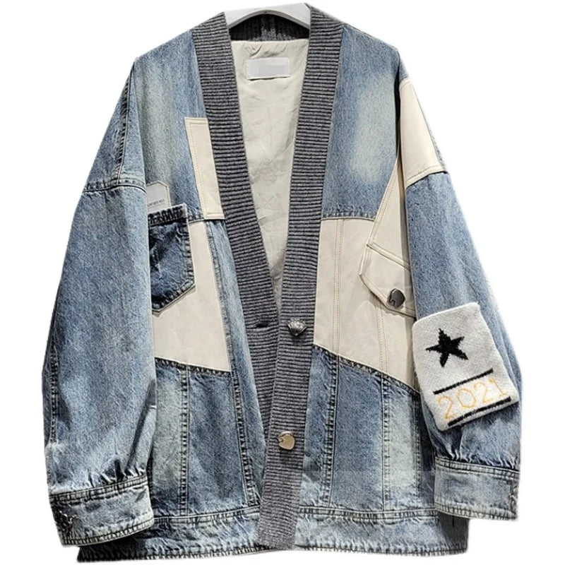 Streetwear Women Jeans Jacket Knit Spliced Pocket V-Neck Fashion Patchwork Denim Jackets  Autumn Loose Jeans Coat Female