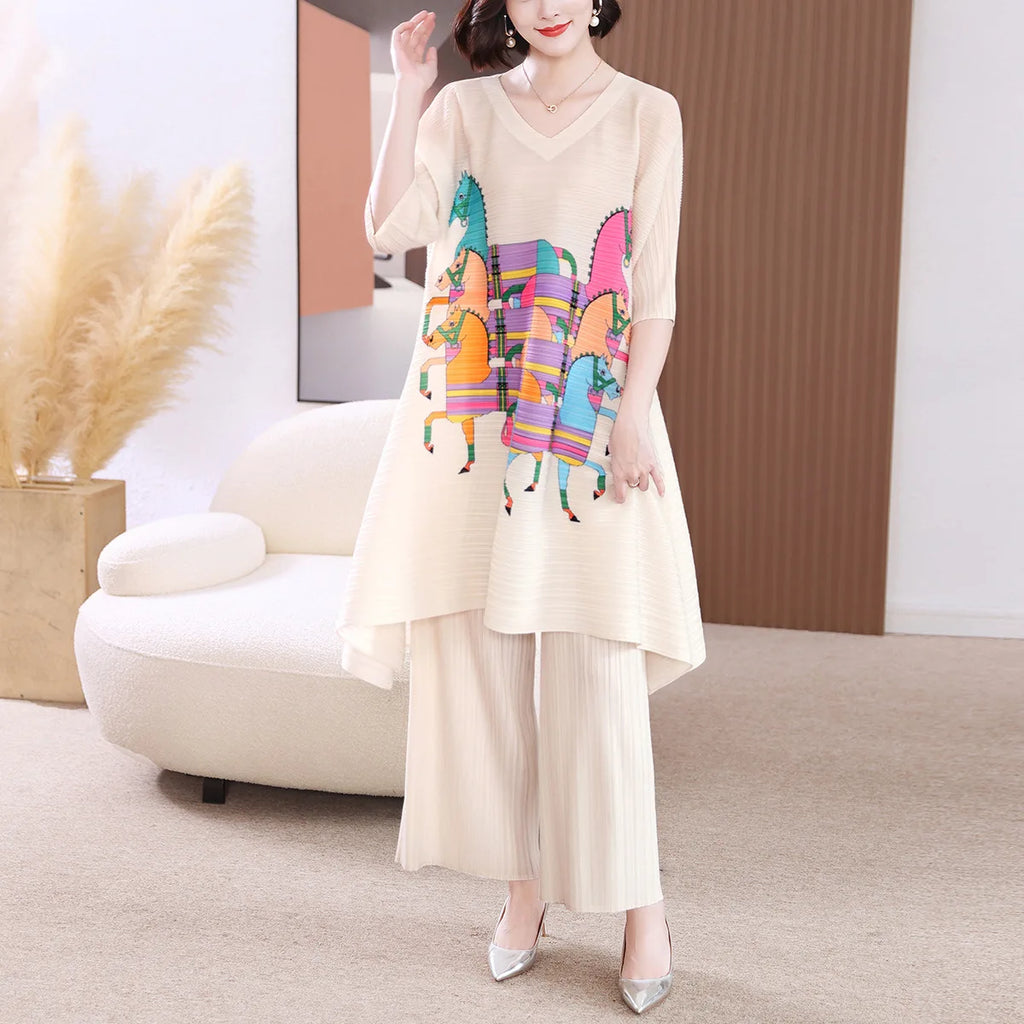 Fashion Suit Women's Summer New Casual Two-Piece Suit Miyake High-End Pleated Fashion Printed Plus Size Women's Clothing