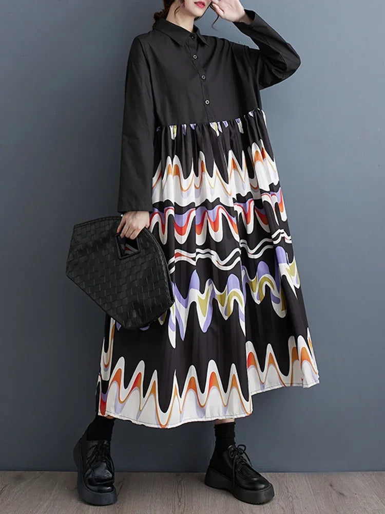 Casual Long Sleeve Shirt Dress Fashion Loose Contrast Color Print Big Hem  Initial Autumn New Women Dress