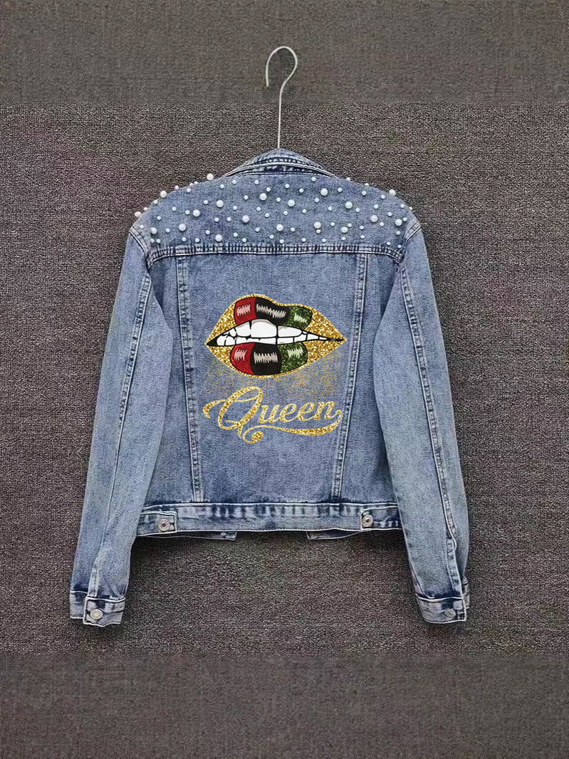 Printed Heavy Beaded Pearl Denim Jacket for Women, Slim Fit Casual Fashion Coat