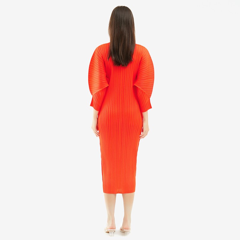 Pleated Bat Sleeve Dress Women Spring New Korean Fashion Long Sleeve Casual Elegant Long Aesthetic Clothes
