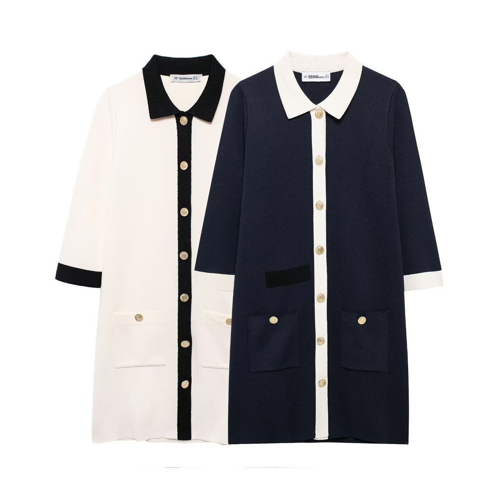 Fashion collar black and white contrasting knitted dress