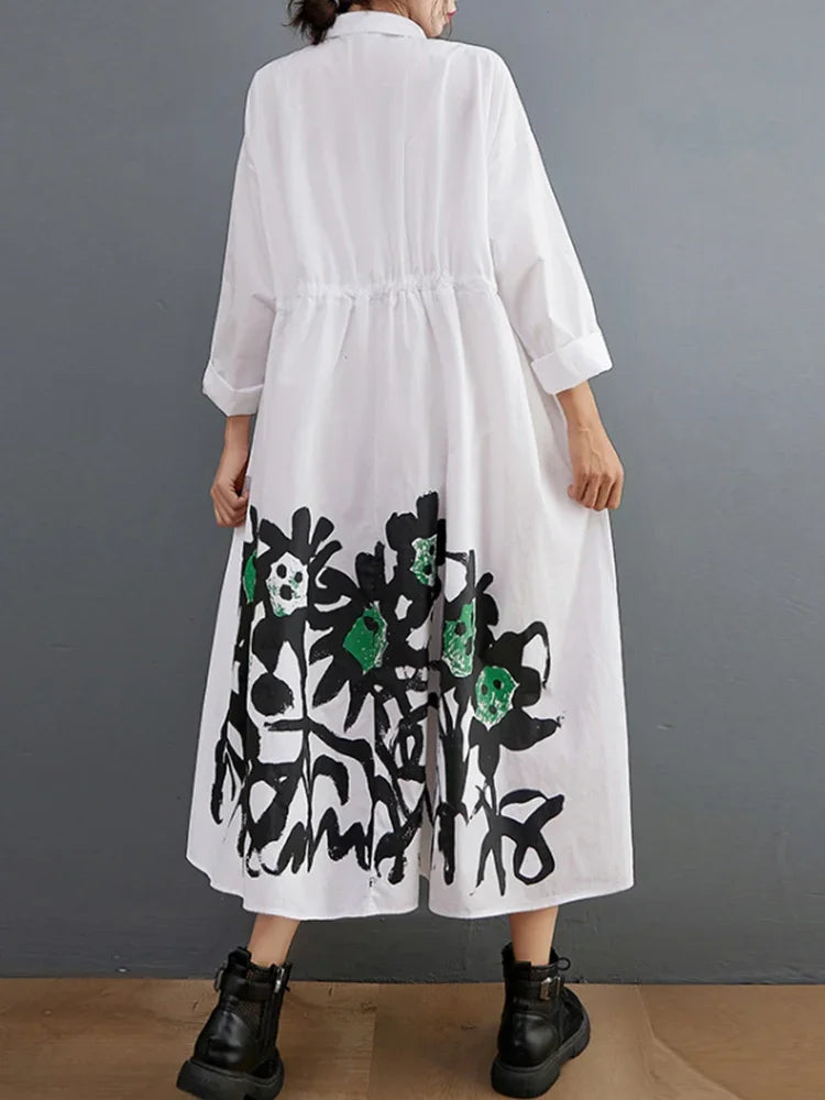 Pleated Print Casual Dress Women Korea Autumn New Arrival Personality Fashion Loose Turn-down Collar Dress