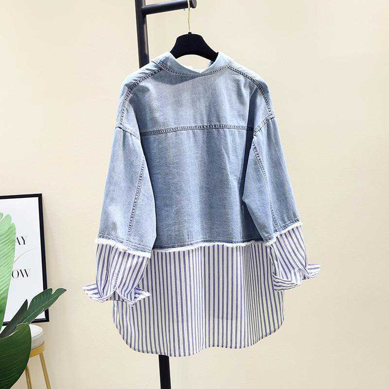 Denim Shirt Women's Spring New Korean Style Fashion Loose Casual Striped Stitching Long Sleeve Shirt
