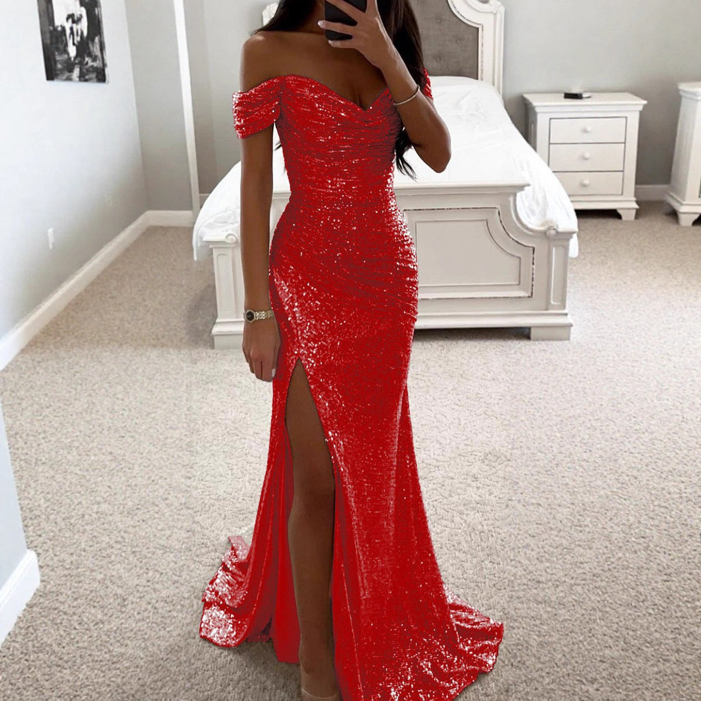 Shiny Sequin One-Shoulder Split Dress, Casual Fashion Dress for Women
